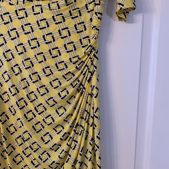 Lauren Ralph Lauren Dress Size 10 Faux Wrap Cinched Side Yellow Squares Midi - Picture 2 of 13